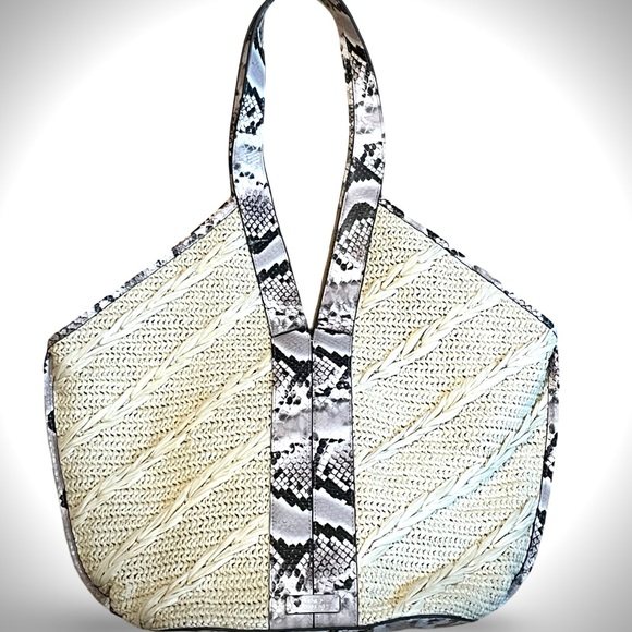VINCE CAMUTO Afina raffia straw, canvas and snakeskin leather tote EUC - Picture 13 of 13